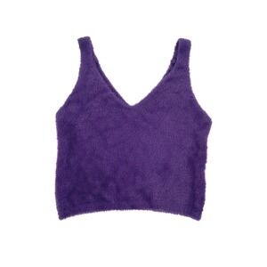 Gaelle Paris Purple Fuzzy Eyelash Knit V-Neck Crop Tank Top Size 1 / US 4